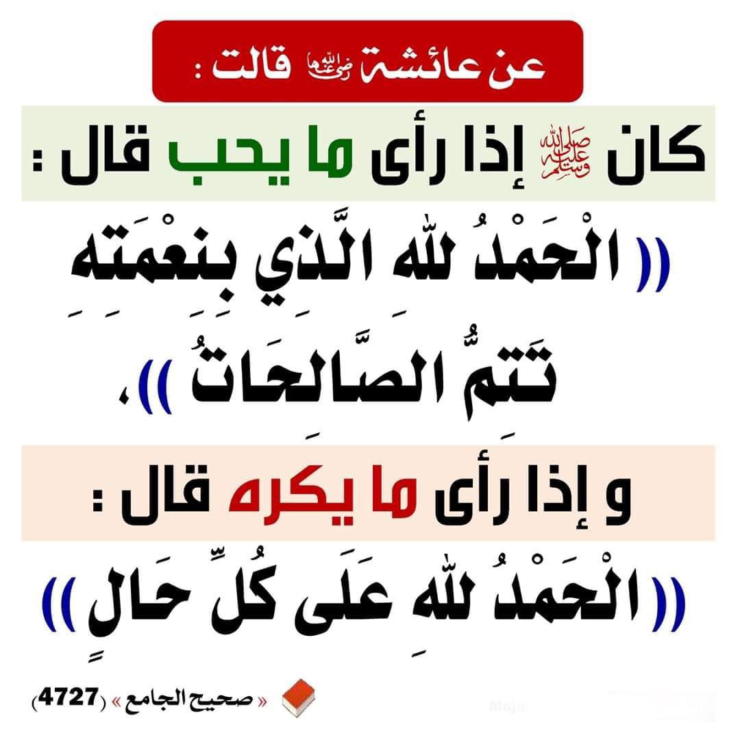 إذا رأى ما يُحبُّ قالَ الحمدُ للَّهِ الَّذي بنِعمتِهِ تتمُّ الصَّالحاتُ وإذا رأى ما يكرَهُ قالَ الحمدُ للَّهِ علَى كلِّ حالٍ