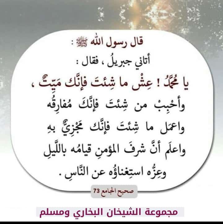 يا محمَّدُ ! عِشْ ما شئتَ فإنَّك ميِّتٌ ، وأحبِبْ من شئتَ فإنَّك مفارقُه ، واعمَلْ ما شئتَ فإنَّك مجزِيٌّ به