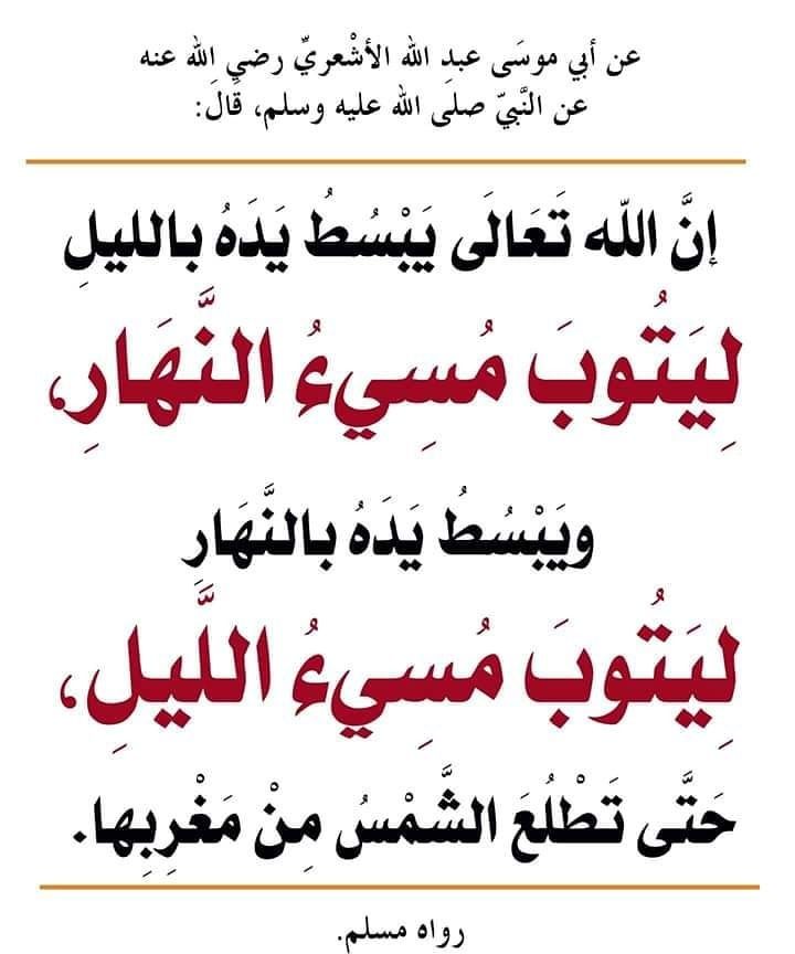 إنَّ اللَّهَ عَزَّ وَجَلَّ يَبْسُطُ يَدَهُ باللَّيْلِ لِيَتُوبَ مُسِيءُ النَّهَارِ، وَيَبْسُطُ يَدَهُ بالنَّهَارِ لِيَتُوبَ مُسِيءُ اللَّيْلِ، حتَّى تَطْلُعَ الشَّمْسُ مِن مَغْرِبِهَا