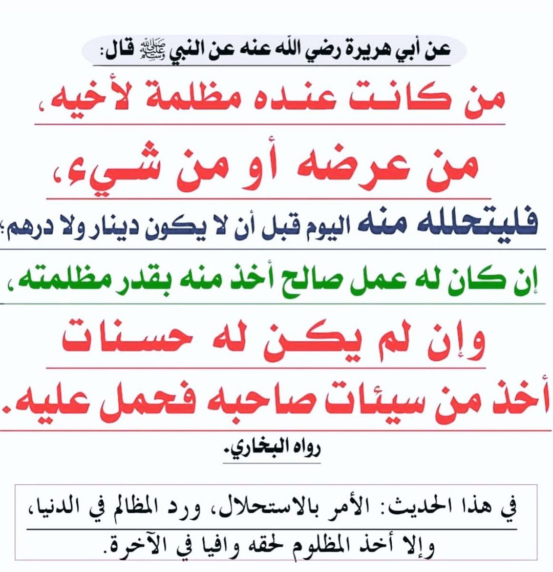 من كانت عنده مظلمة لاخيه من عرضه او من شيء فليتحلله منه اليوم